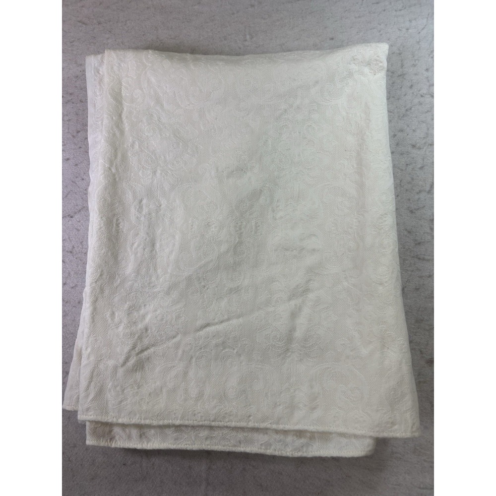 Vintage White Cotton Textured Damask Tablecloth 56"x76" Rectangle Cottage